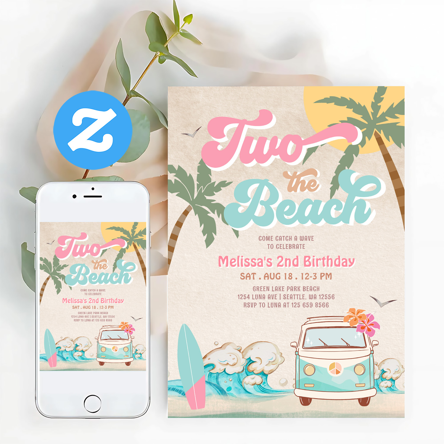 Pink Mint Two The Beach Surfing 2nd Birthday Invitation