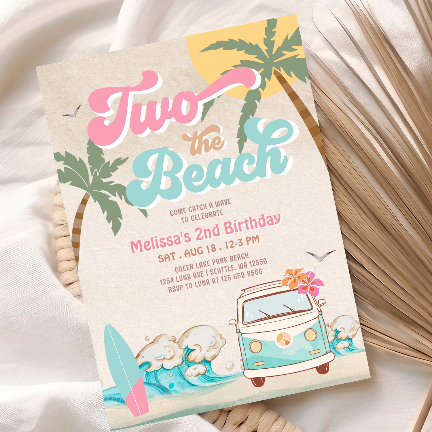 Pink Mint Two The Beach Surfing 2nd Birthday Invitation - Image 10
