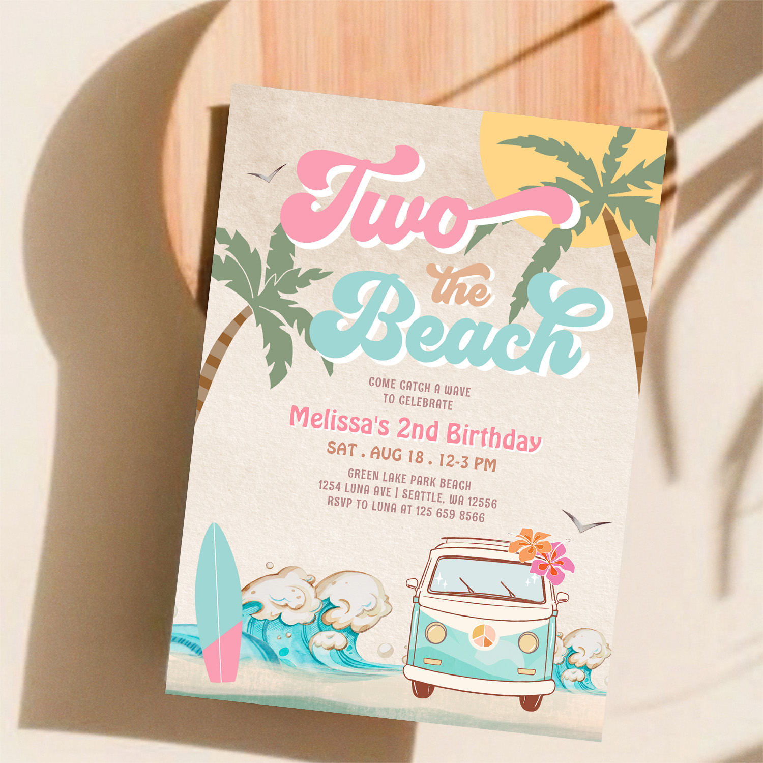 Pink Mint Two The Beach Surfing 2nd Birthday Invitation - Image 11