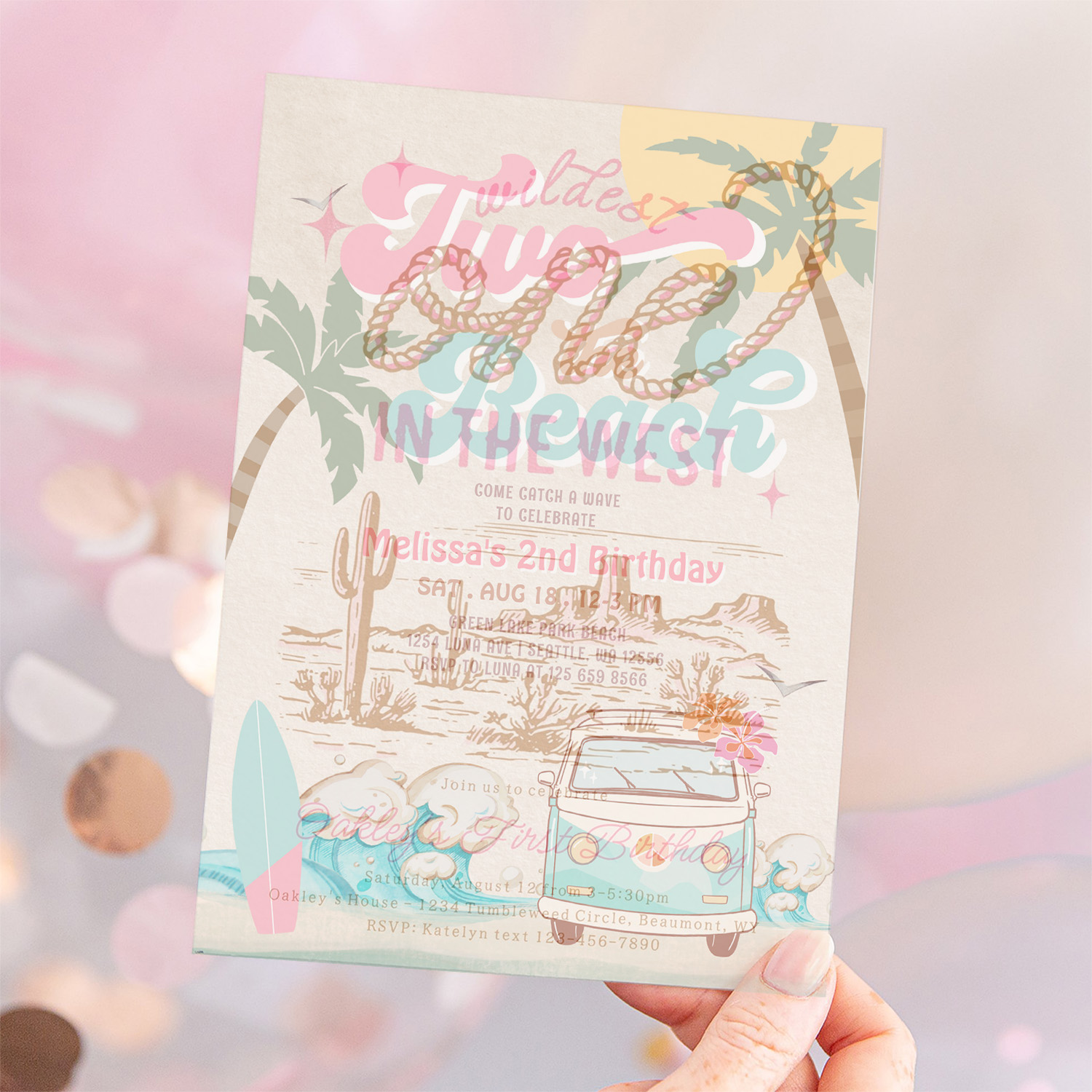 Pink Mint Two The Beach Surfing 2nd Birthday Invitation - Image 12