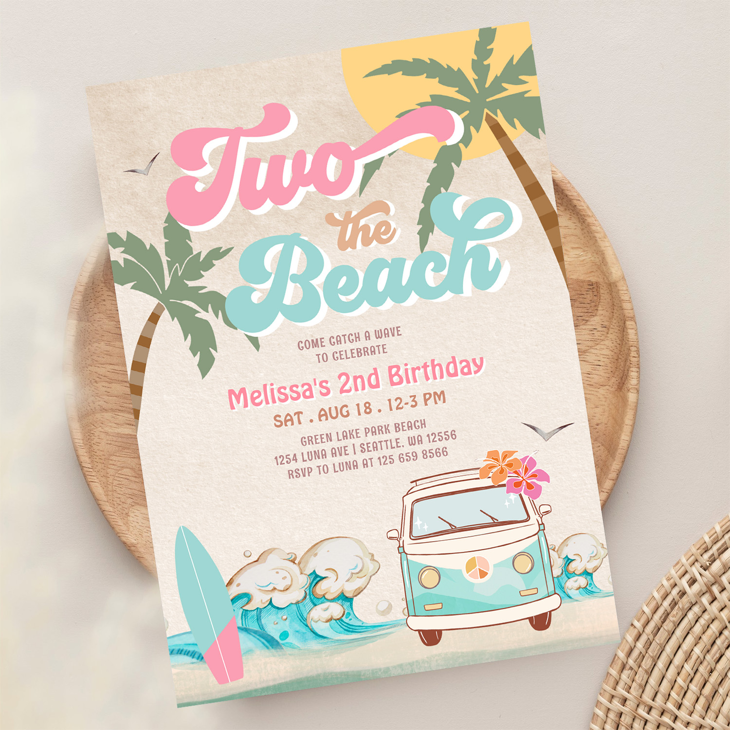 Pink Mint Two The Beach Surfing 2nd Birthday Invitation - Image 13