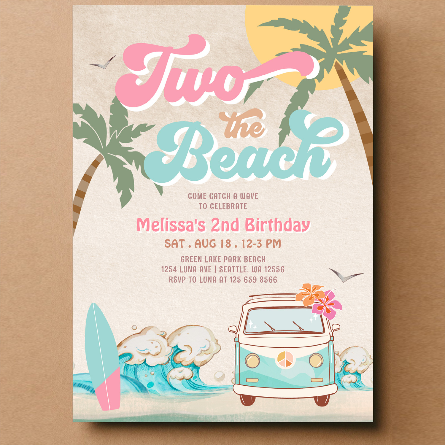 Pink Mint Two The Beach Surfing 2nd Birthday Invitation - Image 14
