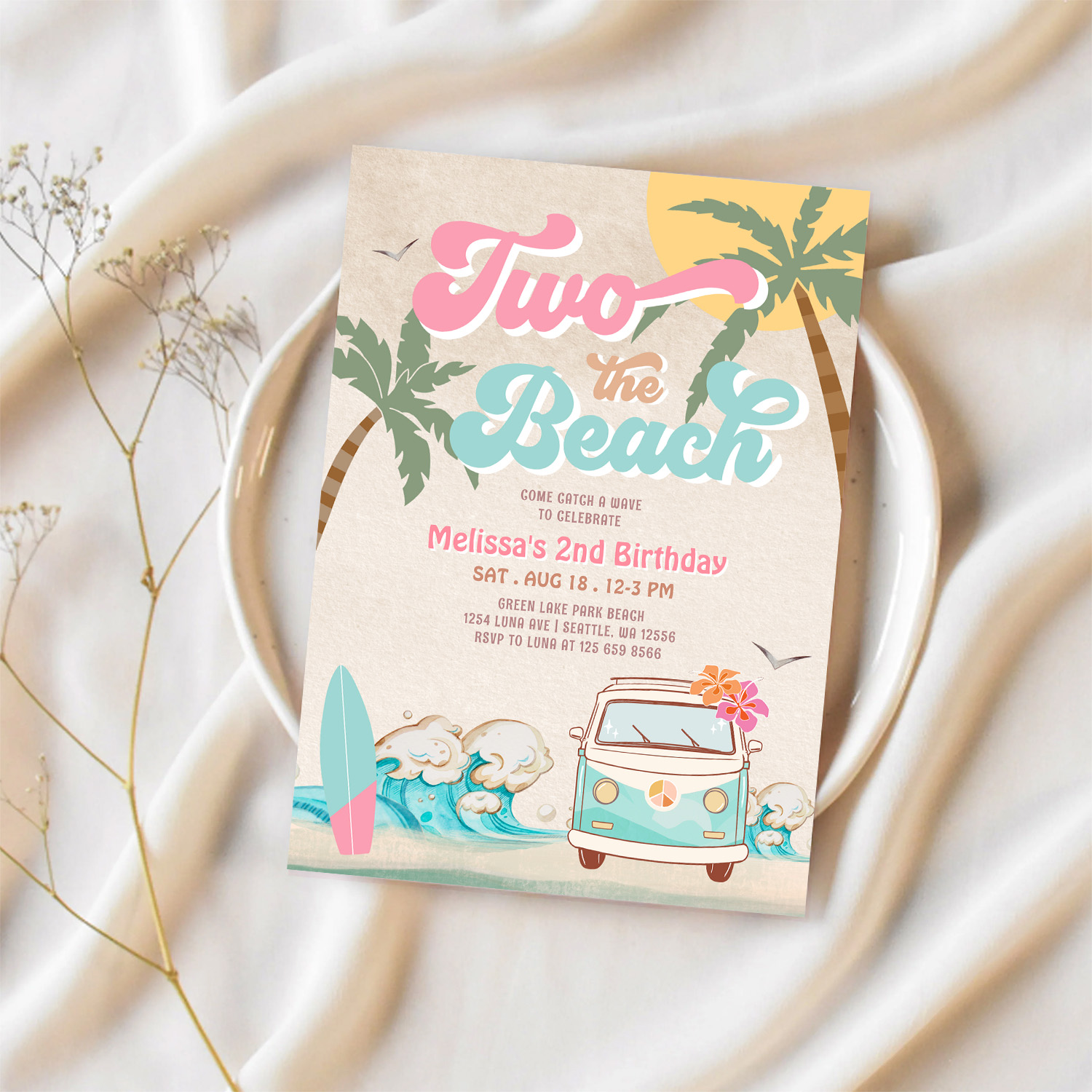Pink Mint Two The Beach Surfing 2nd Birthday Invitation - Image 2