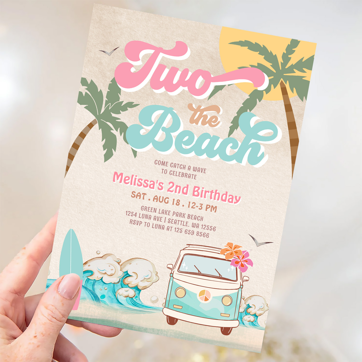 Pink Mint Two The Beach Surfing 2nd Birthday Invitation - Image 3