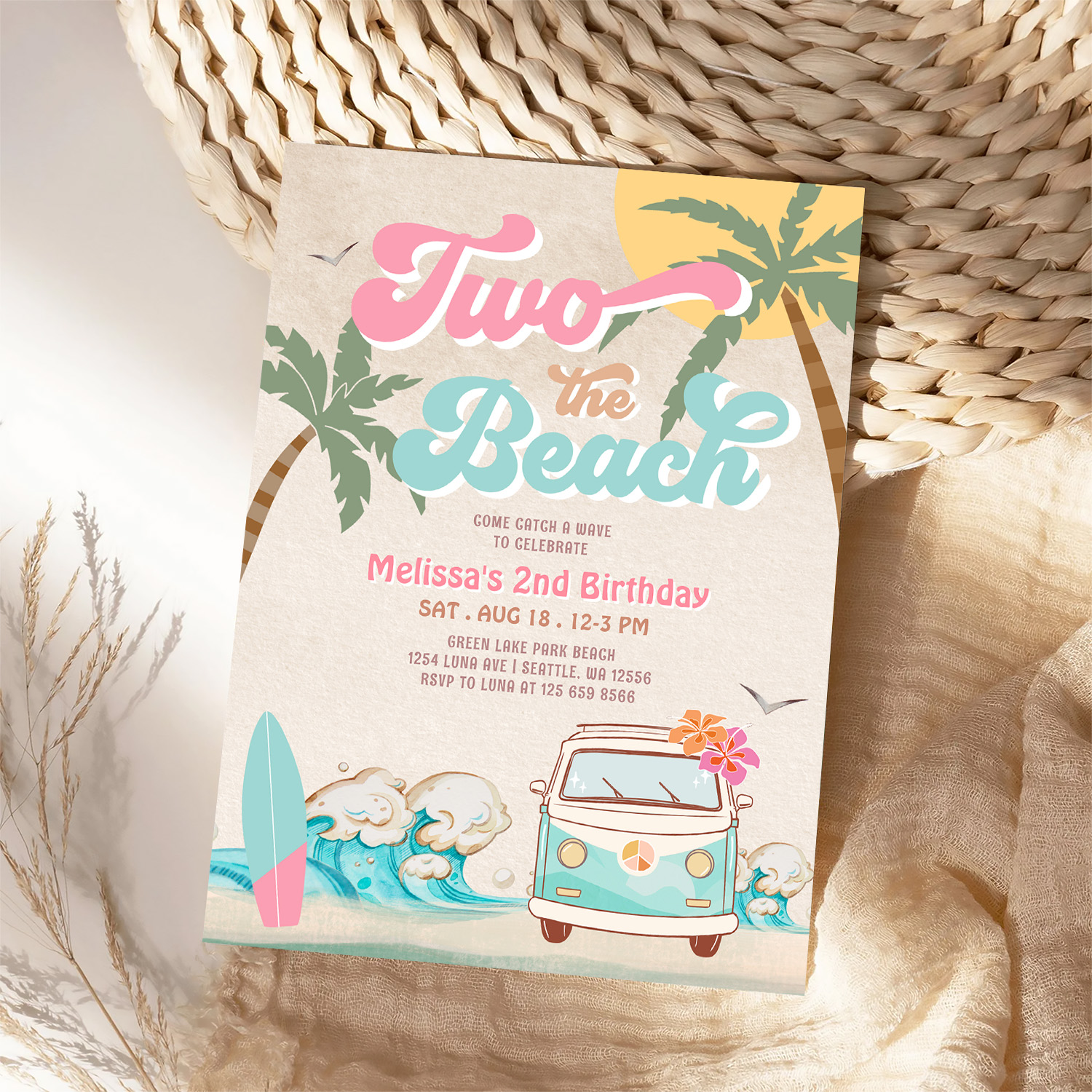 Pink Mint Two The Beach Surfing 2nd Birthday Invitation - Image 4