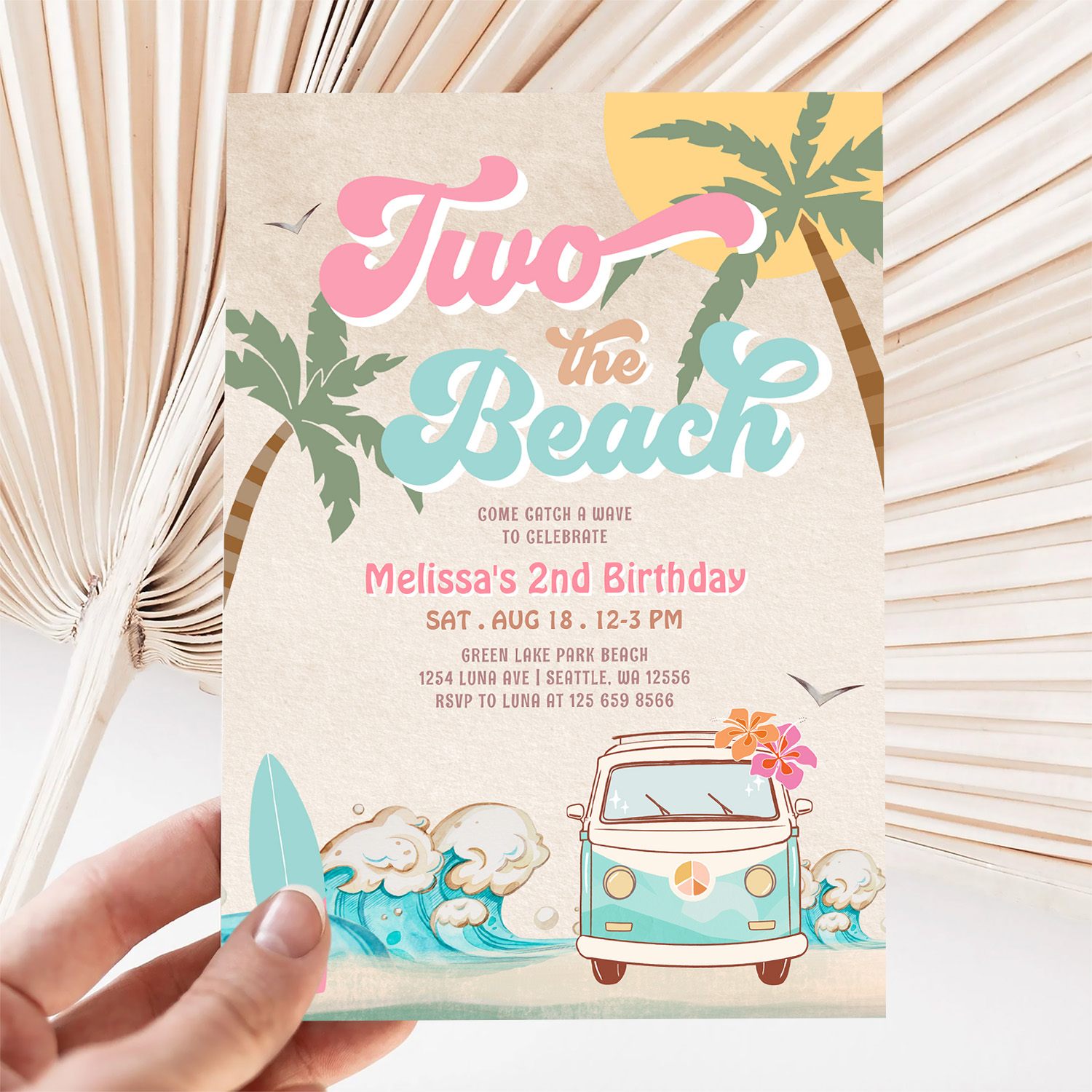 Pink Mint Two The Beach Surfing 2nd Birthday Invitation - Image 5