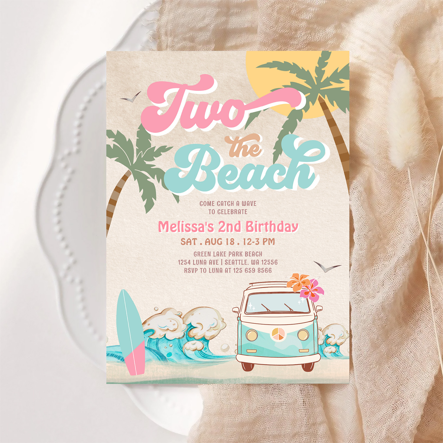 Pink Mint Two The Beach Surfing 2nd Birthday Invitation - Image 6