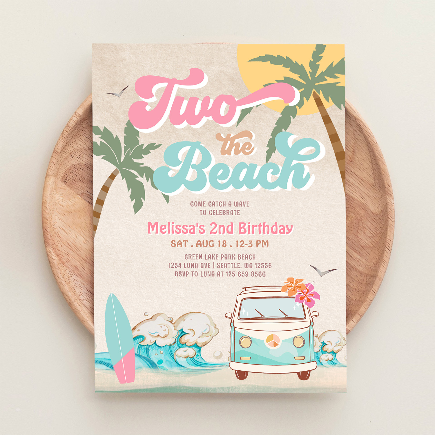Pink Mint Two The Beach Surfing 2nd Birthday Invitation - Image 7