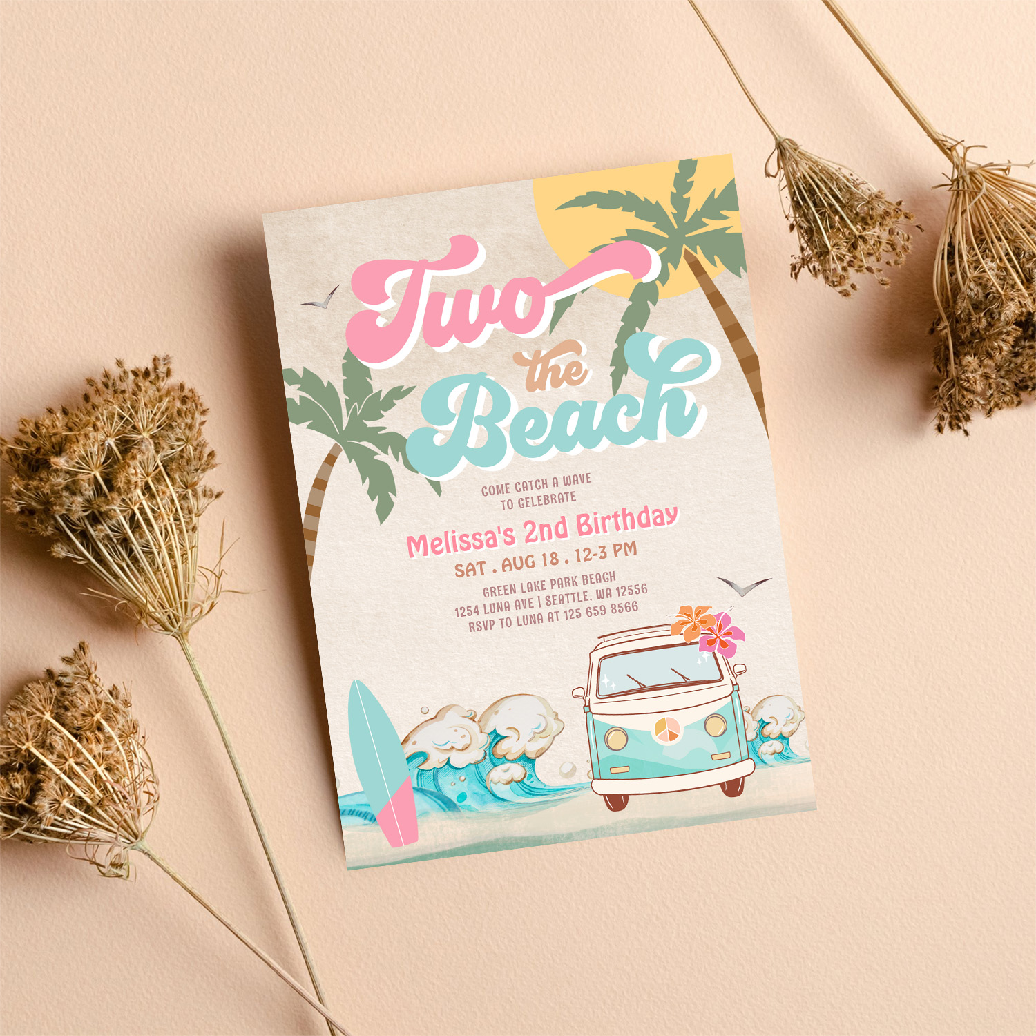 Pink Mint Two The Beach Surfing 2nd Birthday Invitation - Image 8