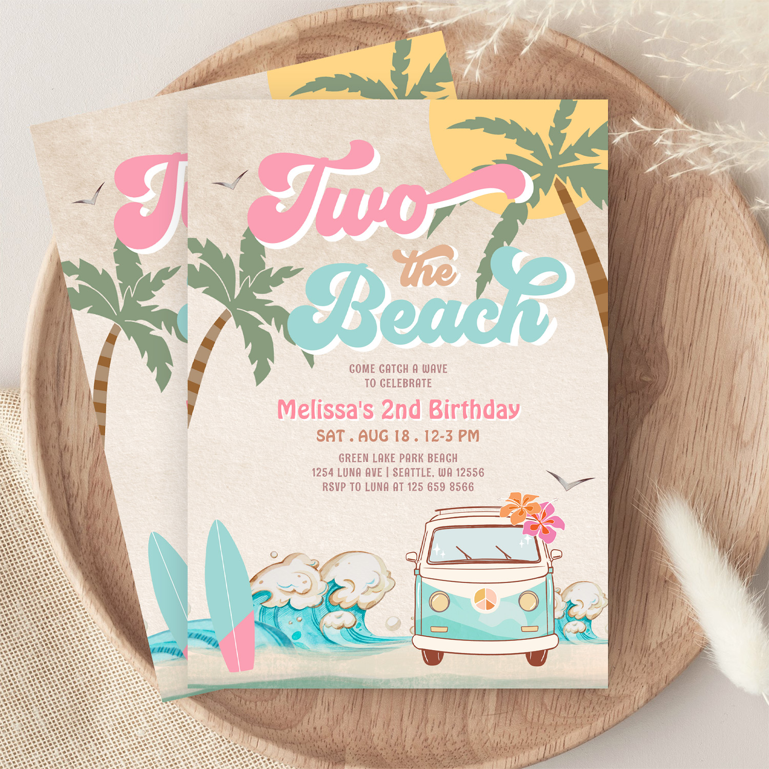 Pink Mint Two The Beach Surfing 2nd Birthday Invitation - Image 9