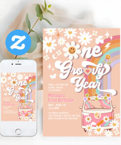 Pink One Groovy Year Daisy Rainbow 1st Birthday Invitation