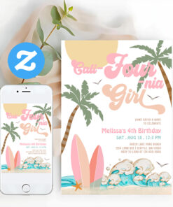 Pink Peach Cali Four Nia Girl Surfing 4th Birthday Invitation