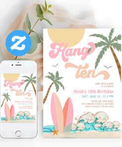 Pink Peach Girl Hang Ten Surfing Birthday Party Invitation