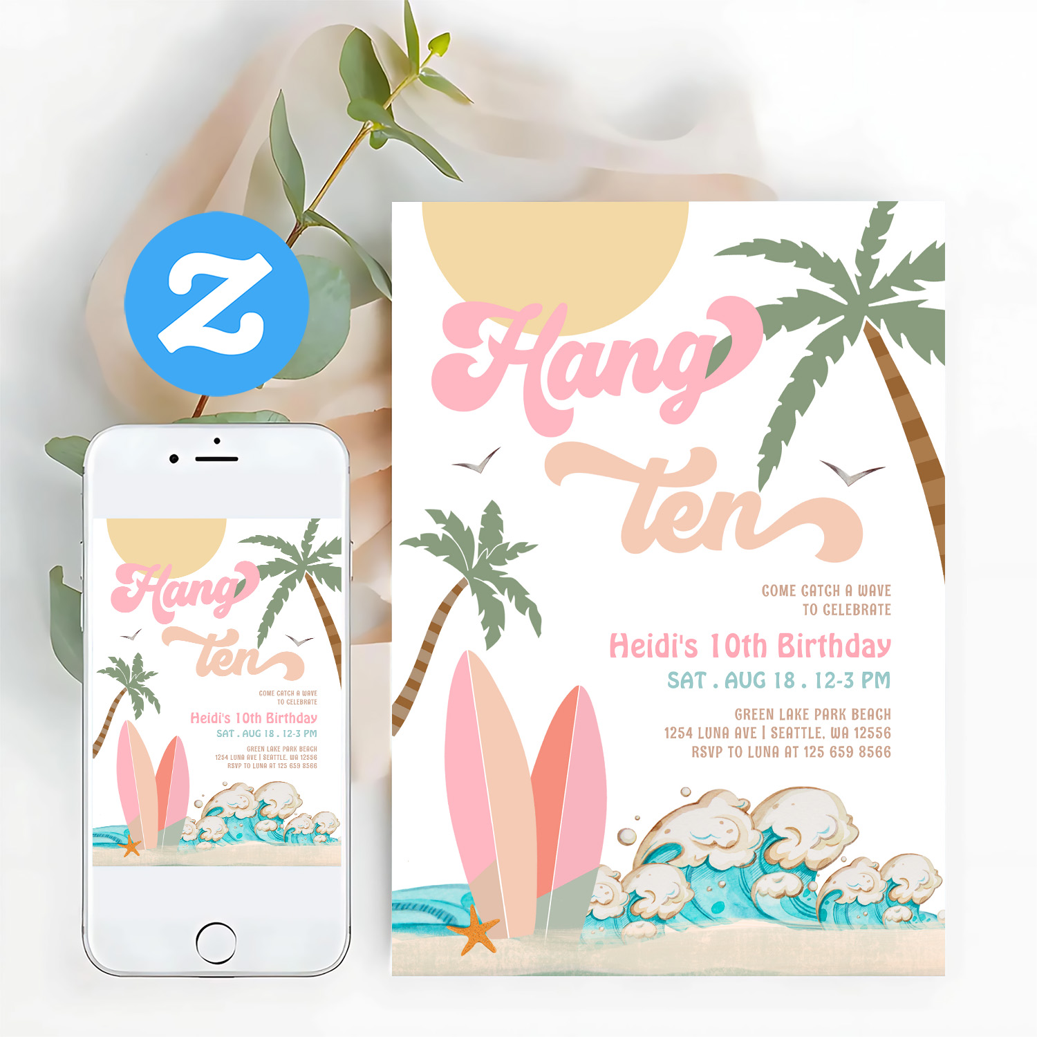 Pink Peach Girl Hang Ten Surfing Birthday Party Invitation