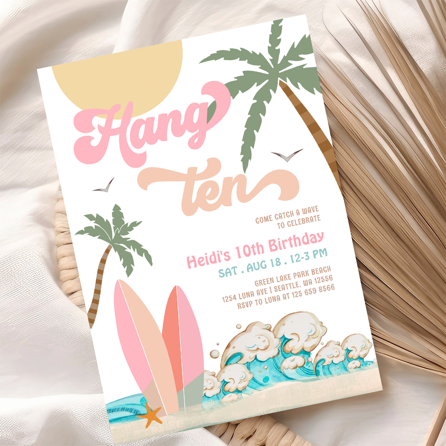 Pink Peach Girl Hang Ten Surfing Birthday Party Invitation - Image 10