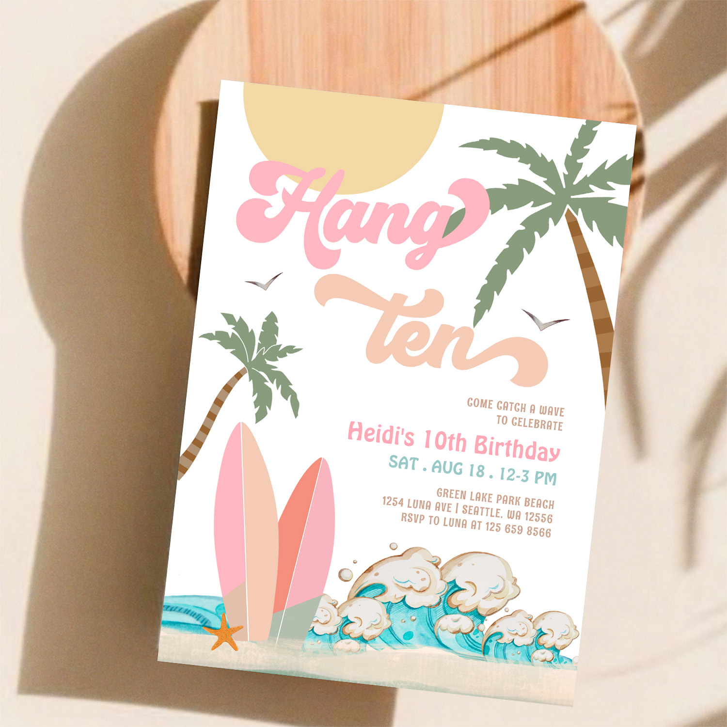 Pink Peach Girl Hang Ten Surfing Birthday Party Invitation - Image 11
