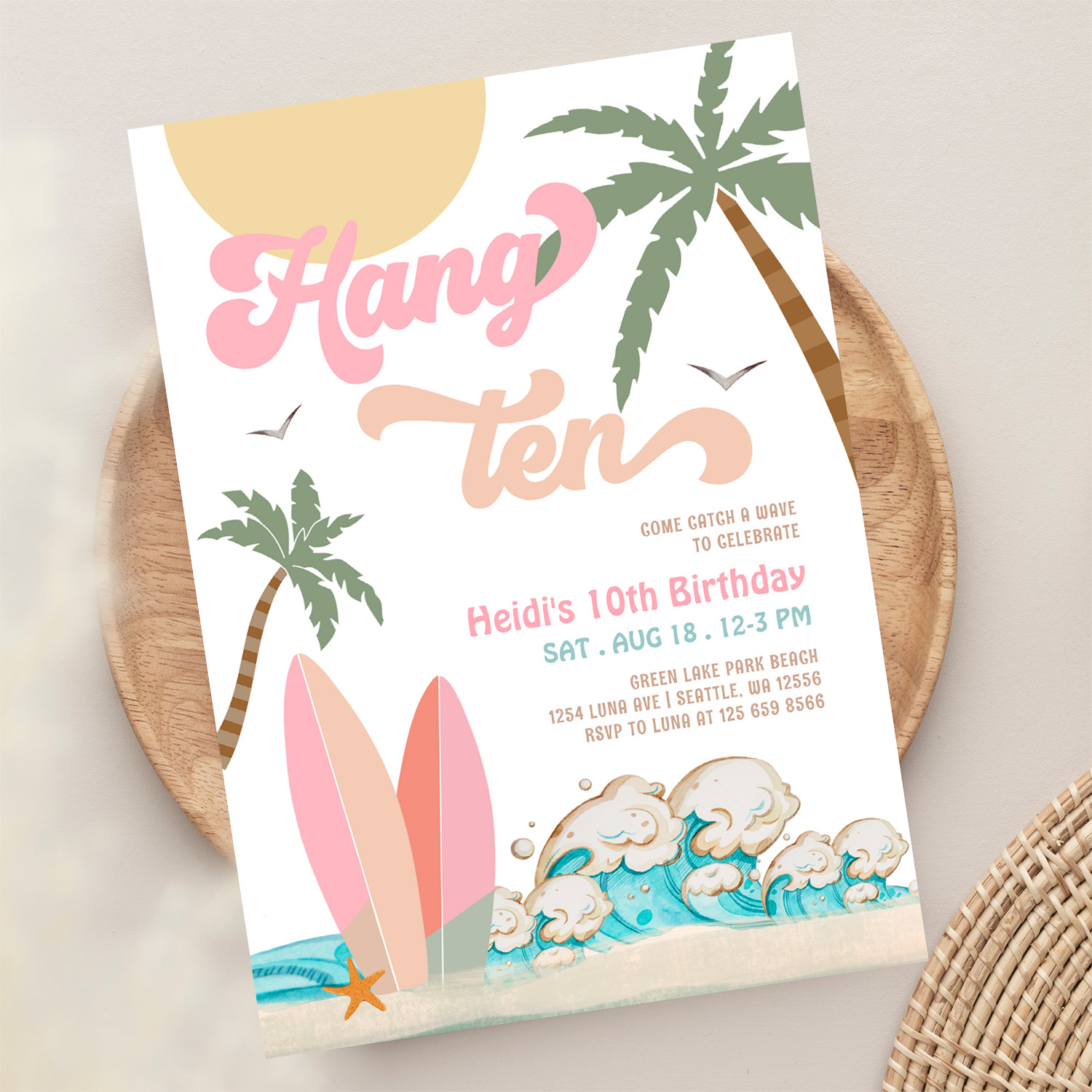Pink Peach Girl Hang Ten Surfing Birthday Party Invitation - Image 13