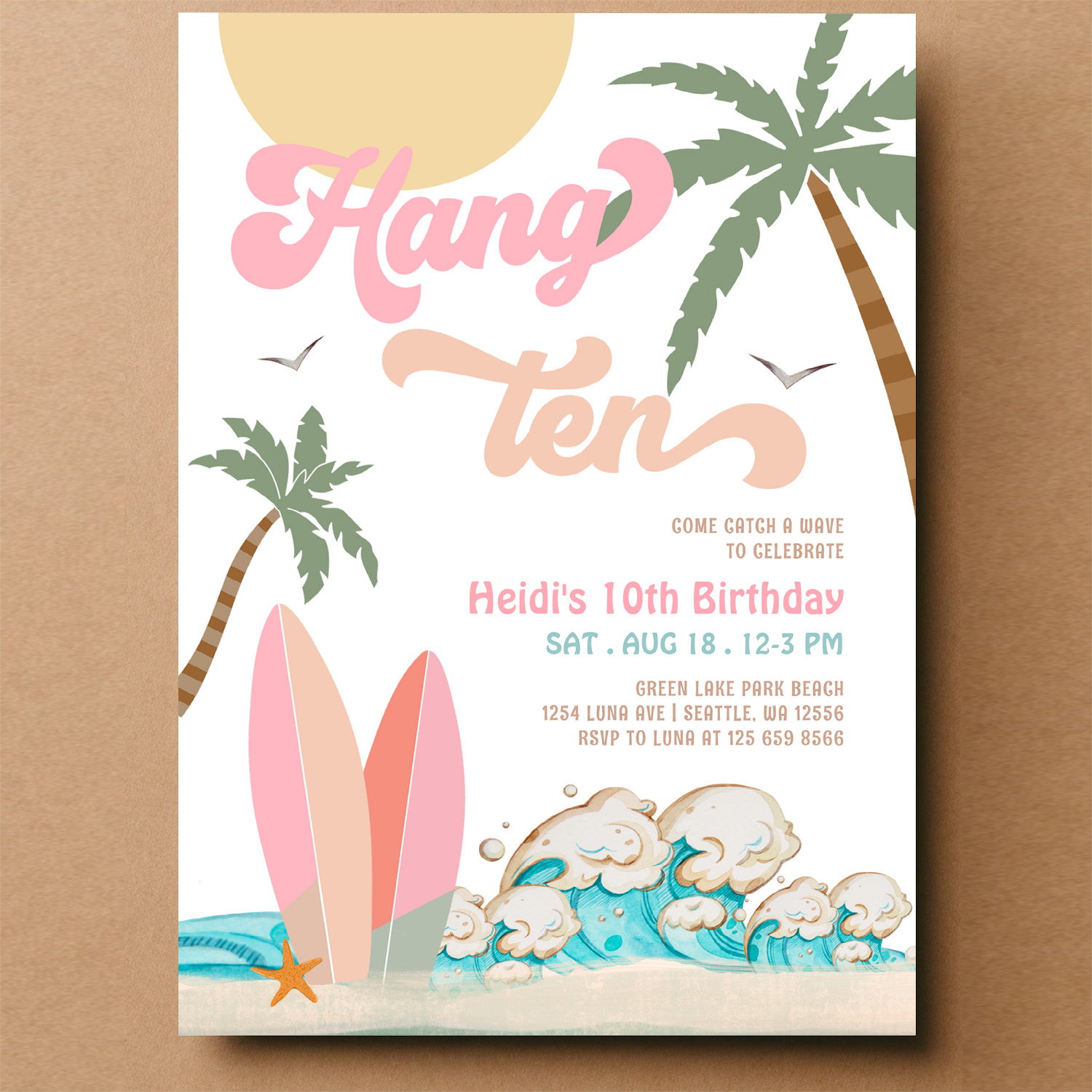Pink Peach Girl Hang Ten Surfing Birthday Party Invitation - Image 14