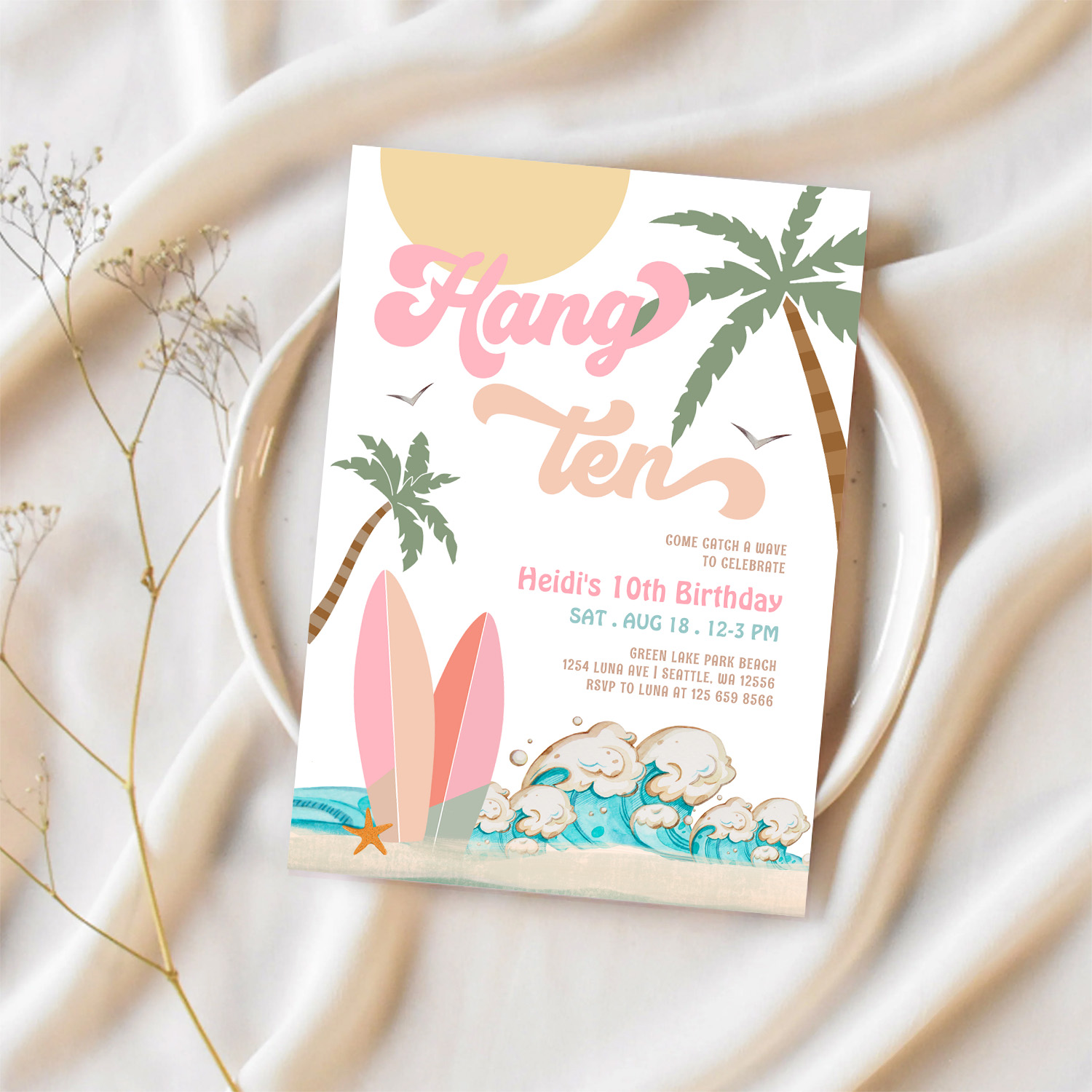 Pink Peach Girl Hang Ten Surfing Birthday Party Invitation - Image 2