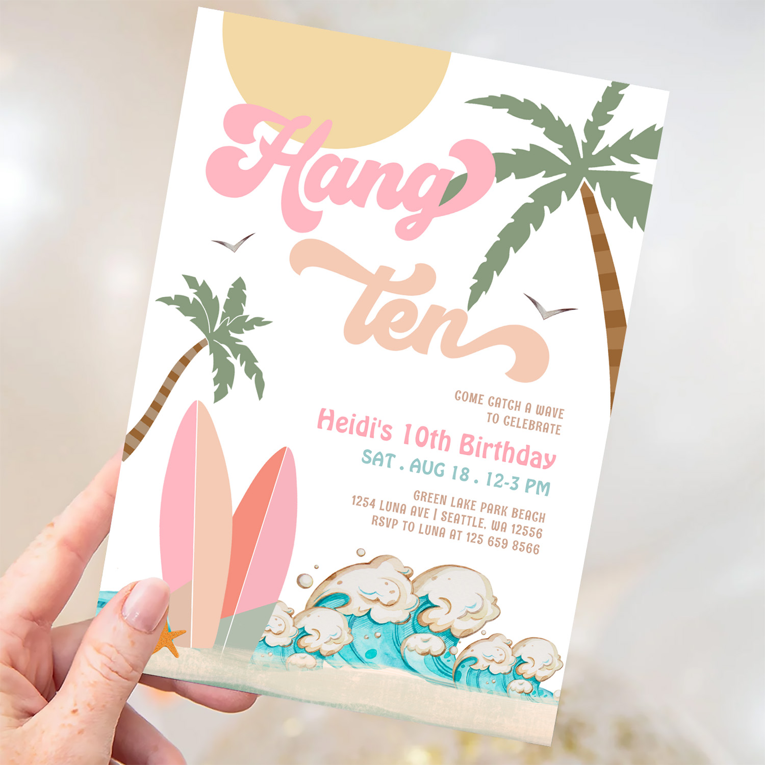 Pink Peach Girl Hang Ten Surfing Birthday Party Invitation - Image 3