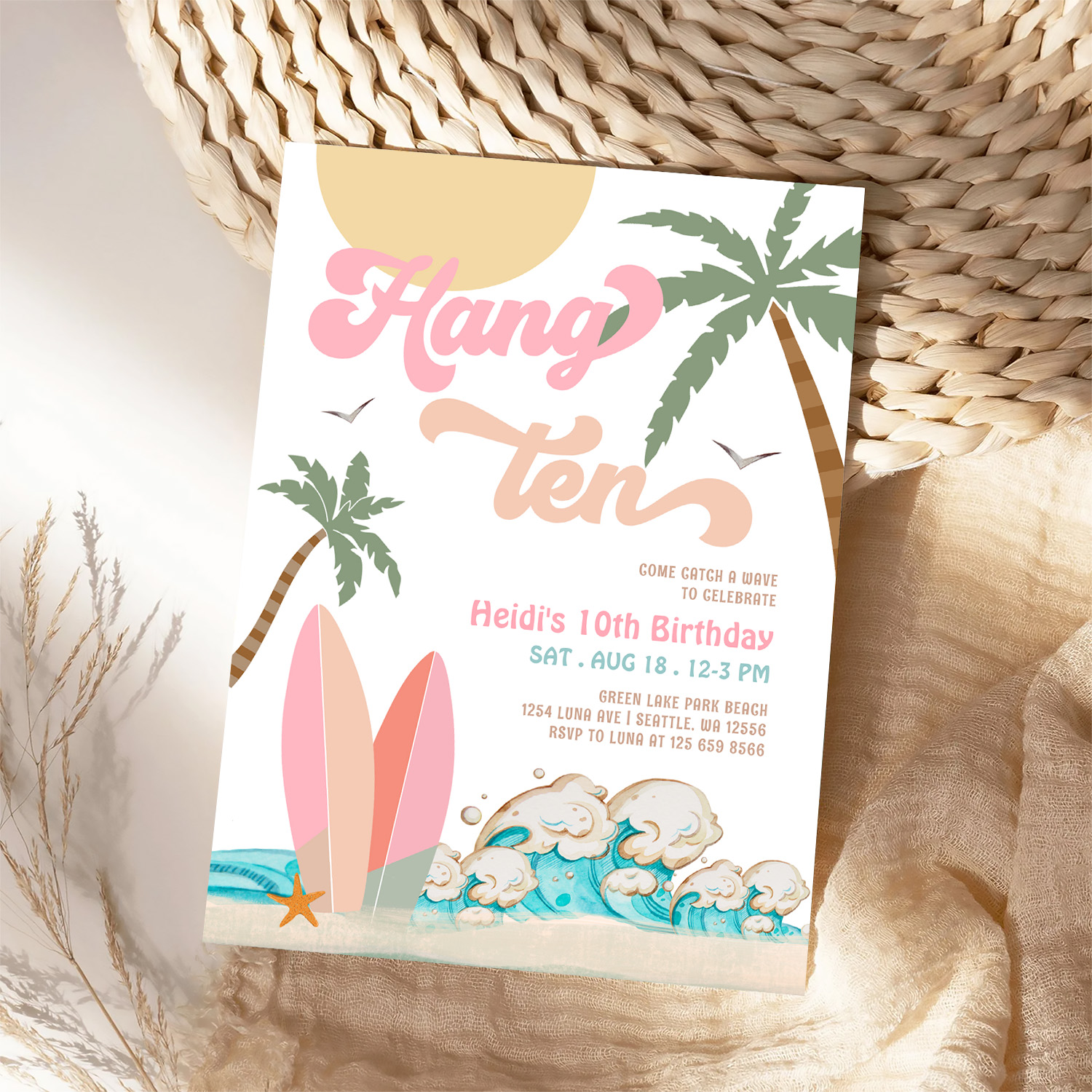 Pink Peach Girl Hang Ten Surfing Birthday Party Invitation - Image 4