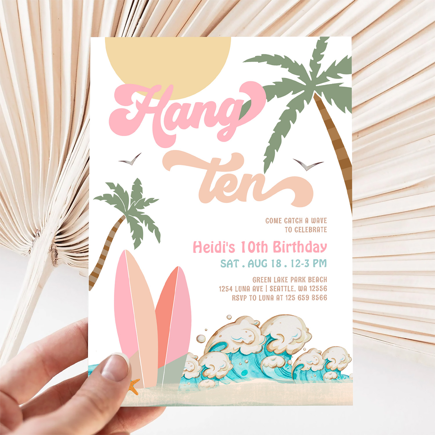 Pink Peach Girl Hang Ten Surfing Birthday Party Invitation - Image 5