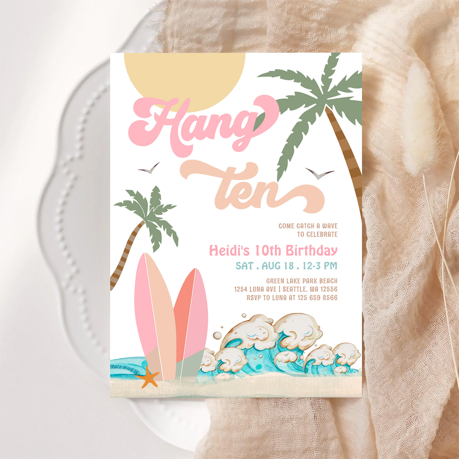 Pink Peach Girl Hang Ten Surfing Birthday Party Invitation - Image 6