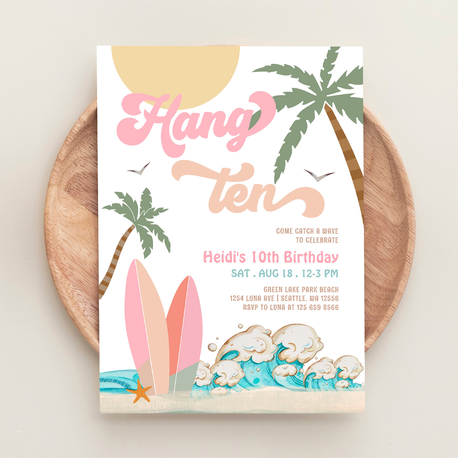 Pink Peach Girl Hang Ten Surfing Birthday Party Invitation - Image 7