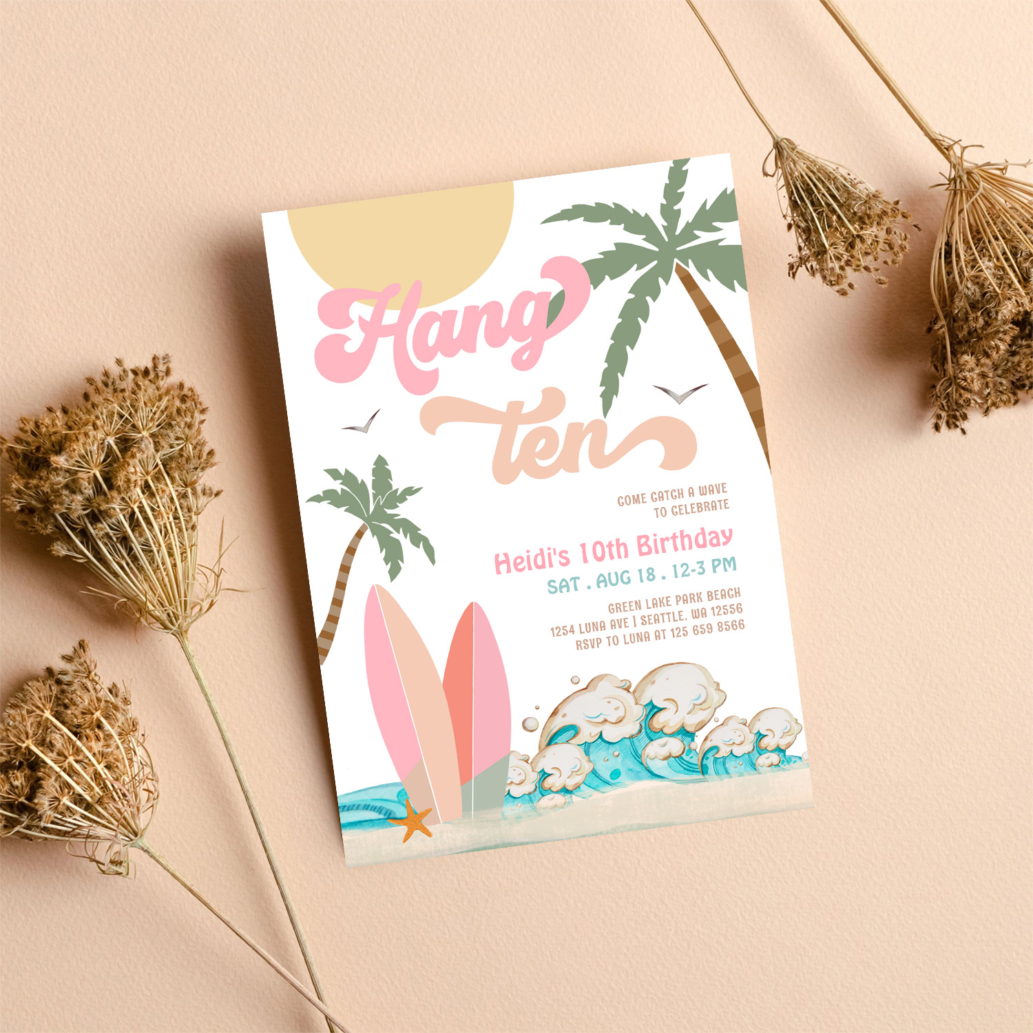 Pink Peach Girl Hang Ten Surfing Birthday Party Invitation - Image 8