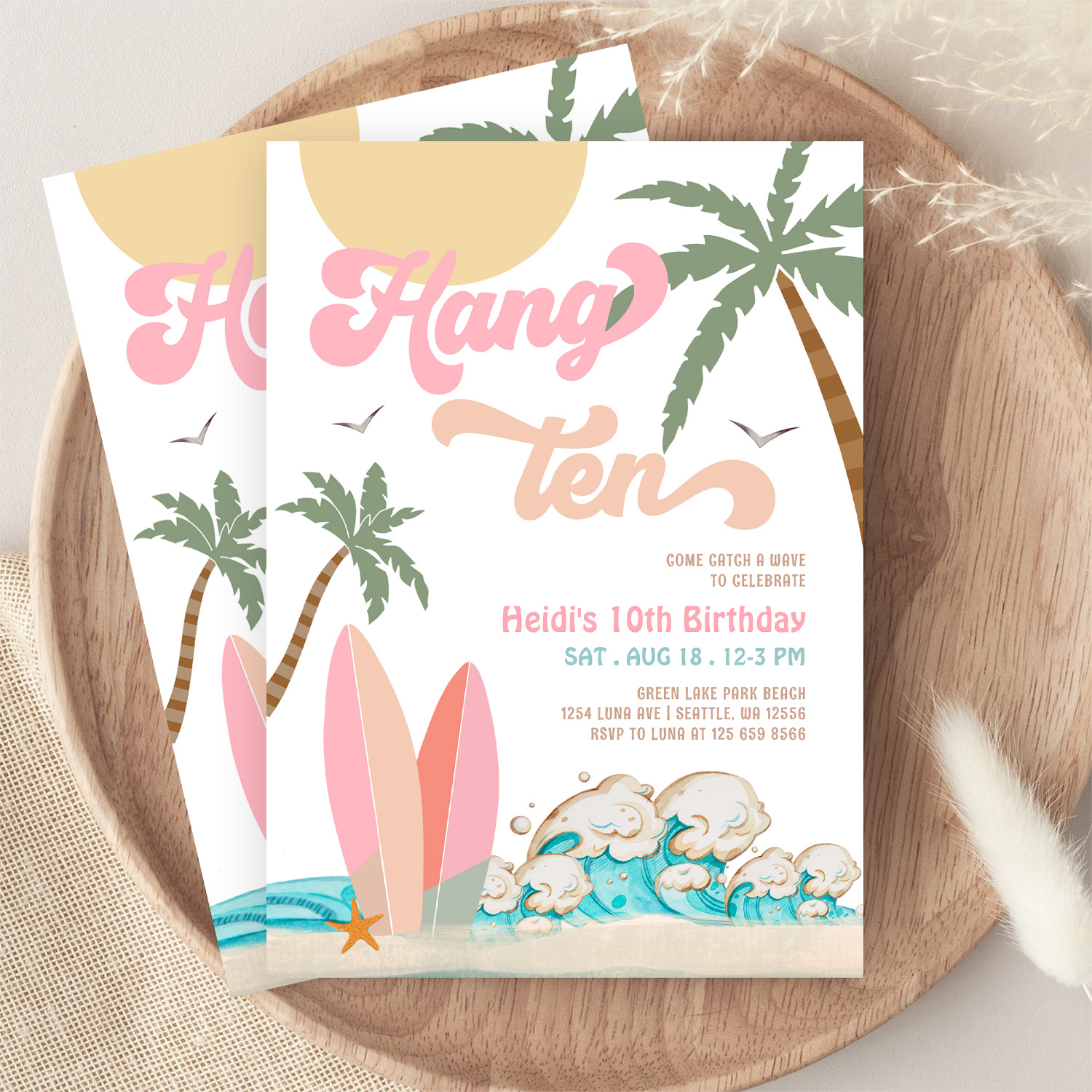 Pink Peach Girl Hang Ten Surfing Birthday Party Invitation - Image 9