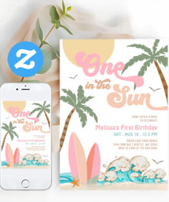 Pink Peach Girl One In The Sun Surf 1st Birthday Invitation