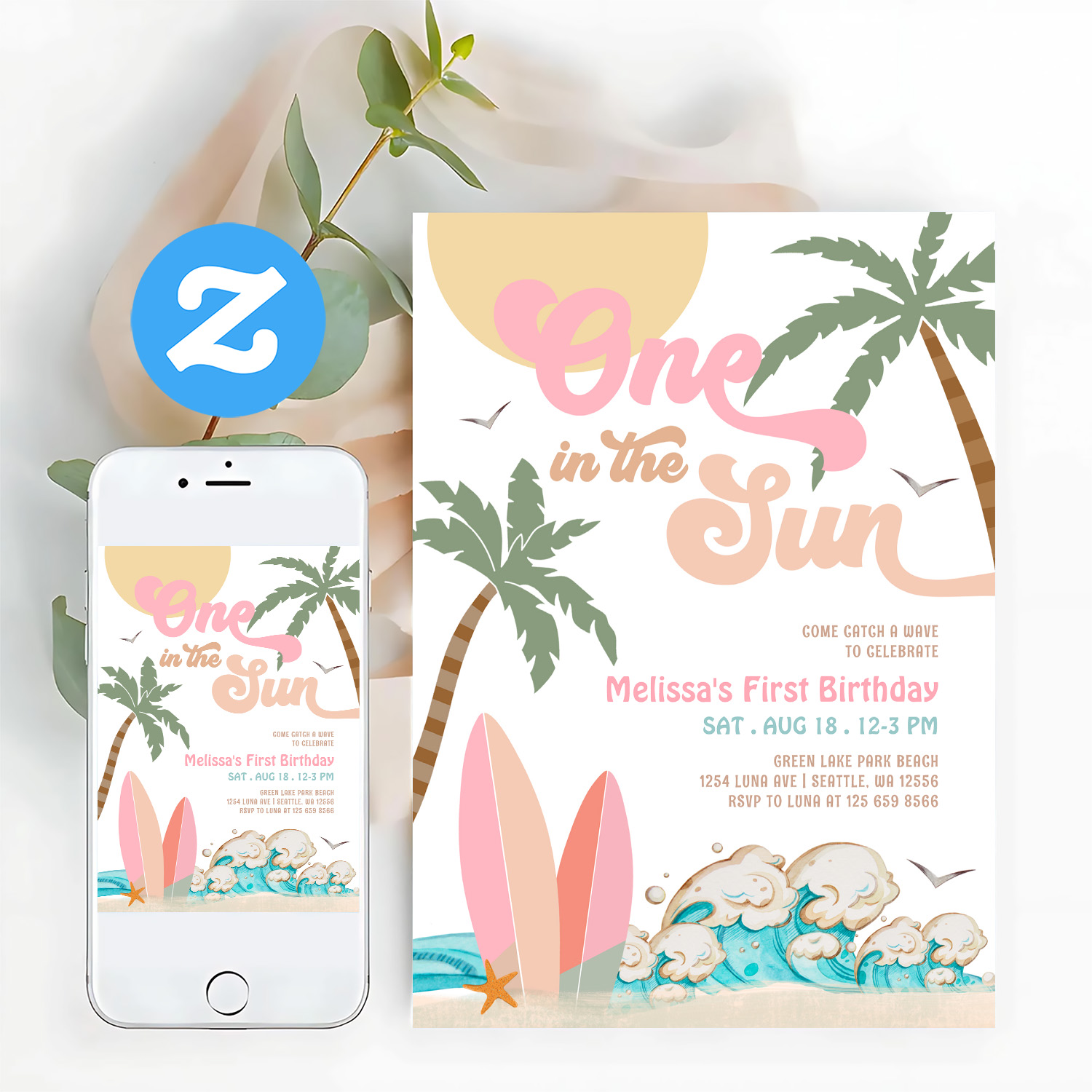 Pink Peach Girl One In The Sun Surf 1st Birthday Invitation