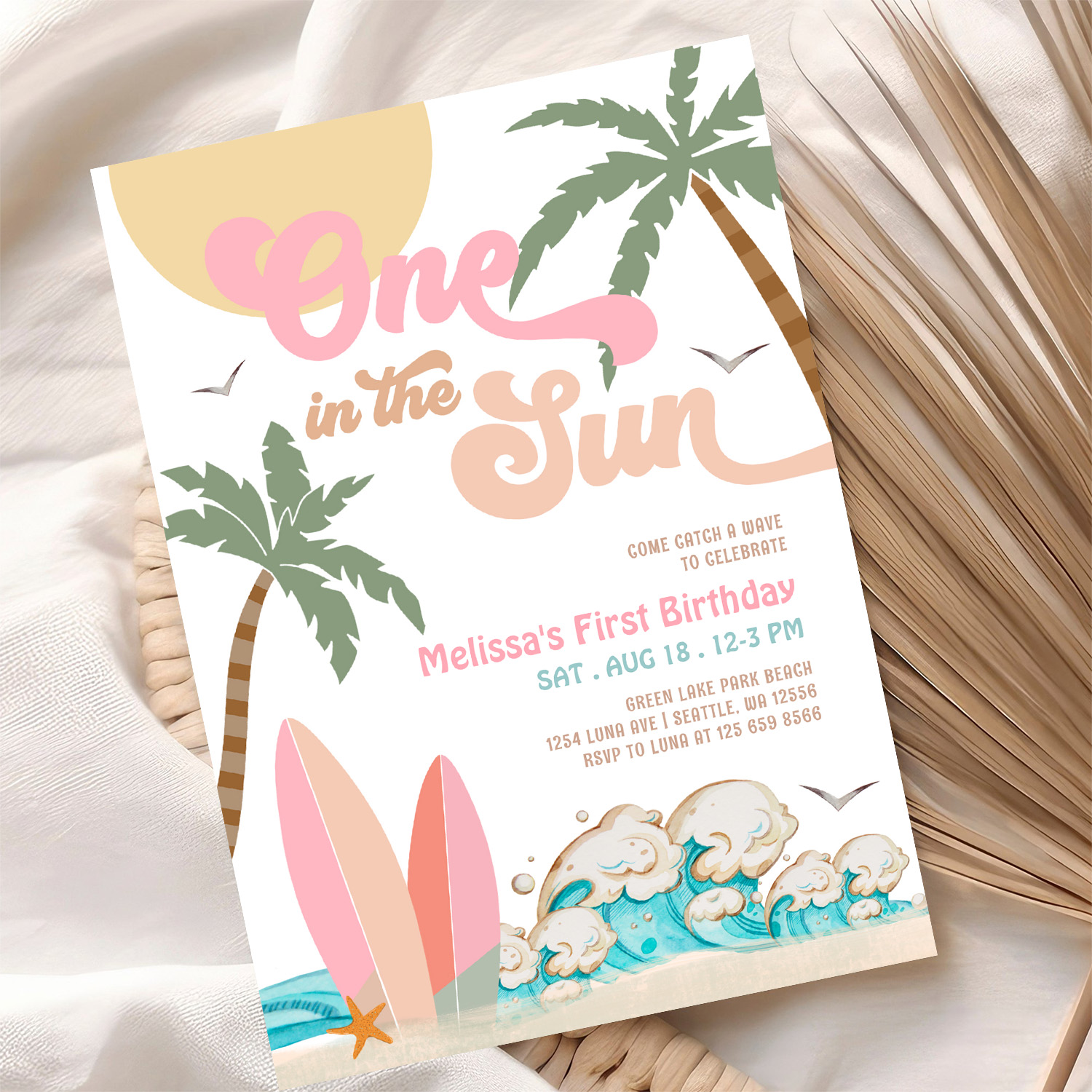 Pink Peach Girl One In The Sun Surf 1st Birthday Invitation - Image 10