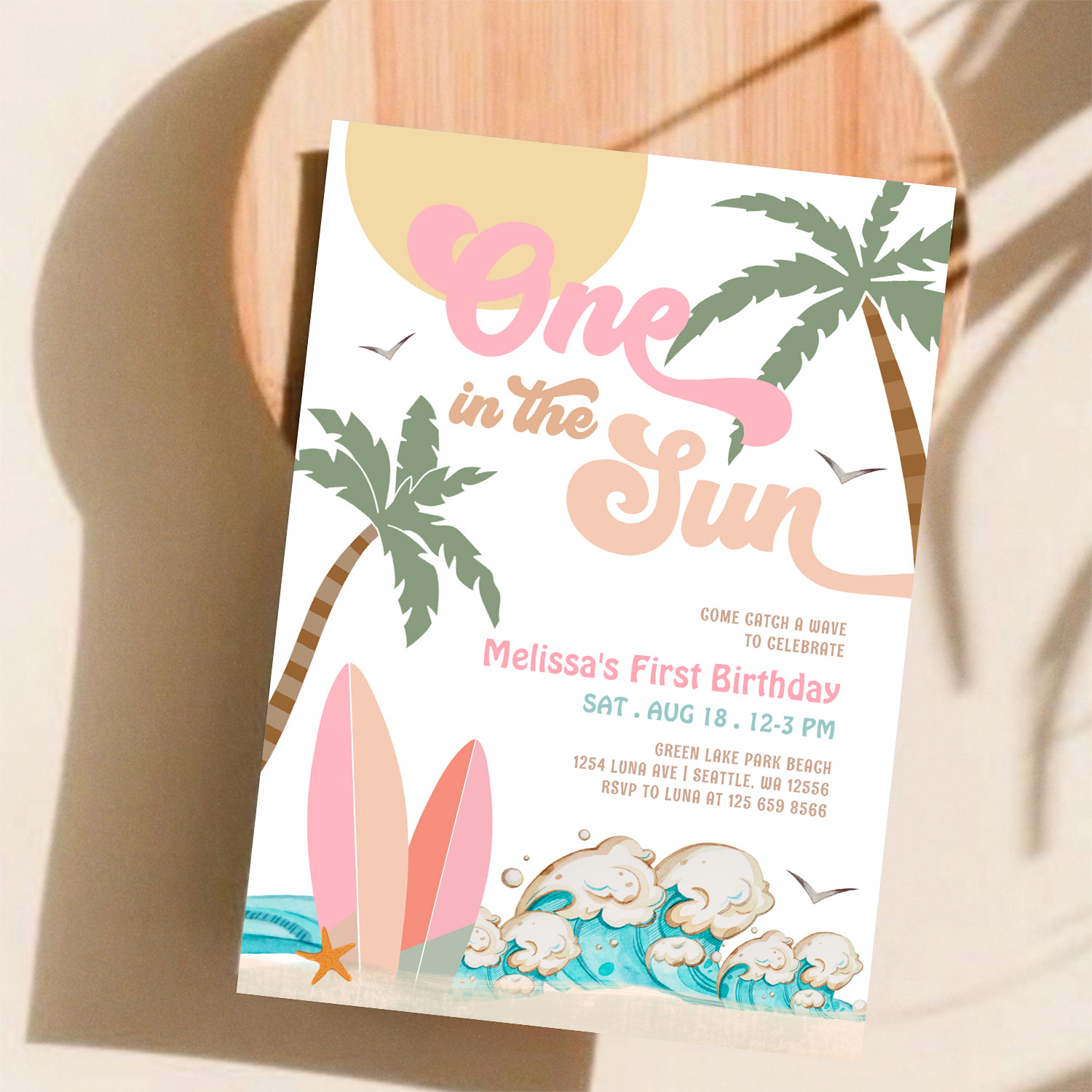 Pink Peach Girl One In The Sun Surf 1st Birthday Invitation - Image 11
