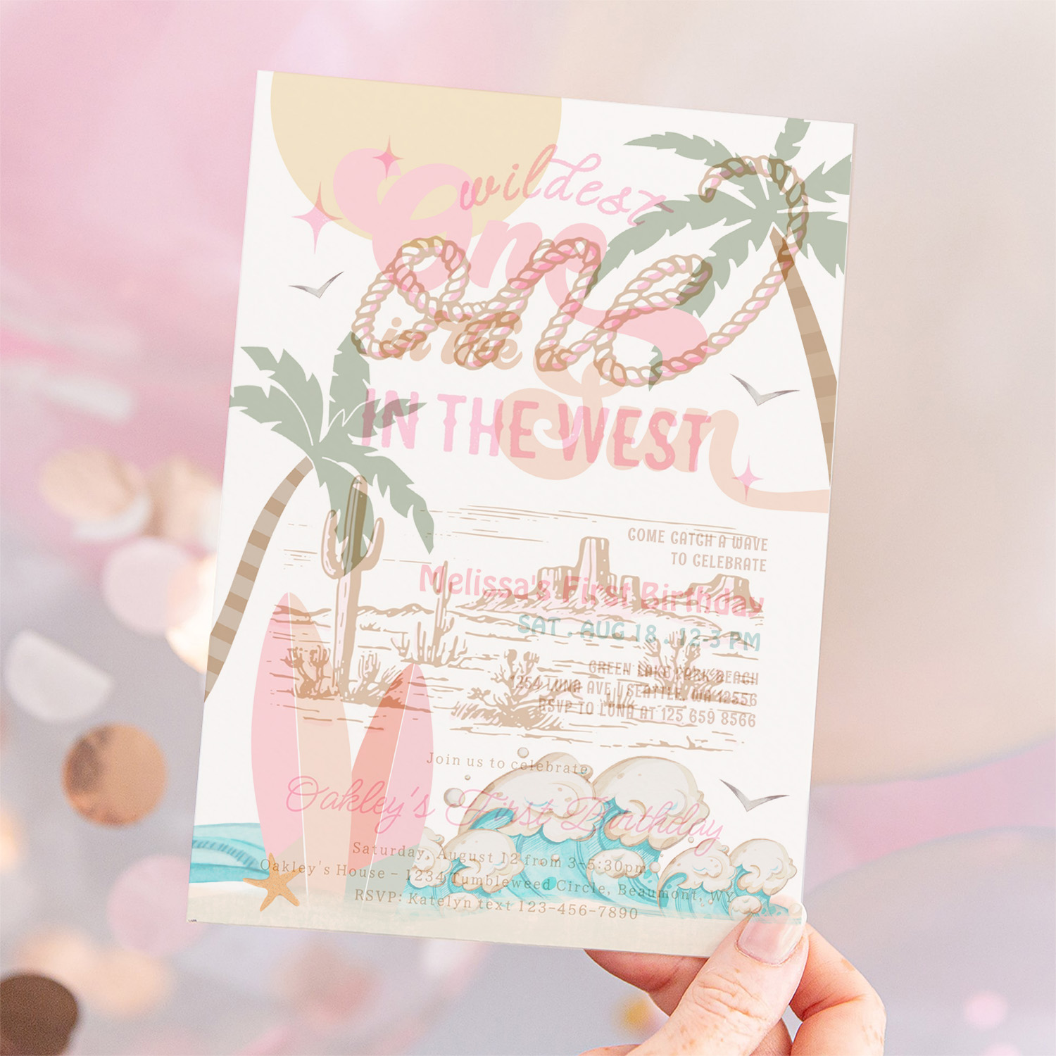 Pink Peach Girl One In The Sun Surf 1st Birthday Invitation - Image 12