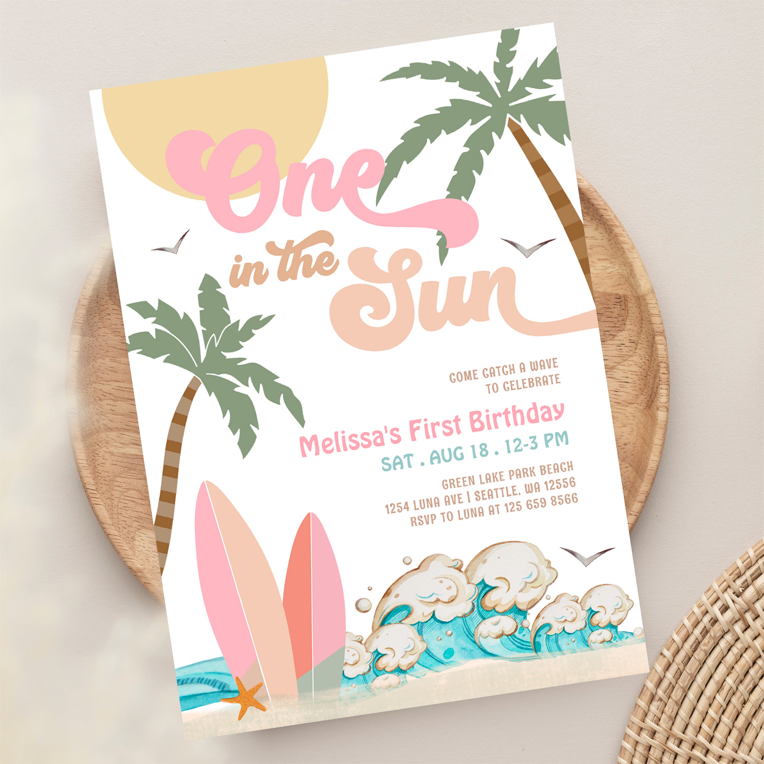 Pink Peach Girl One In The Sun Surf 1st Birthday Invitation - Image 13