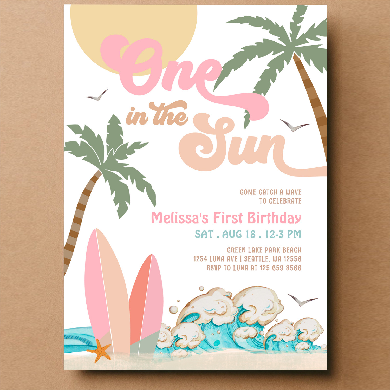 Pink Peach Girl One In The Sun Surf 1st Birthday Invitation - Image 14