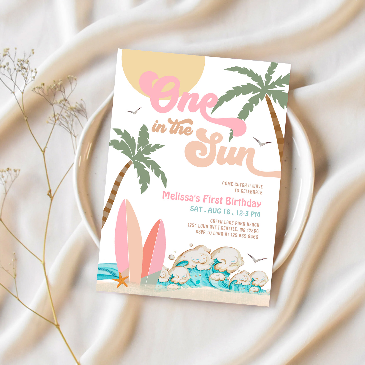 Pink Peach Girl One In The Sun Surf 1st Birthday Invitation - Image 2