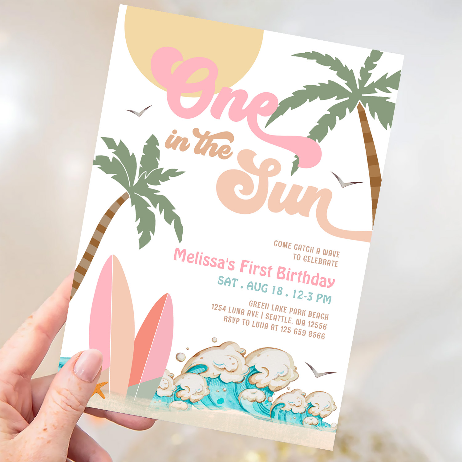 Pink Peach Girl One In The Sun Surf 1st Birthday Invitation - Image 3
