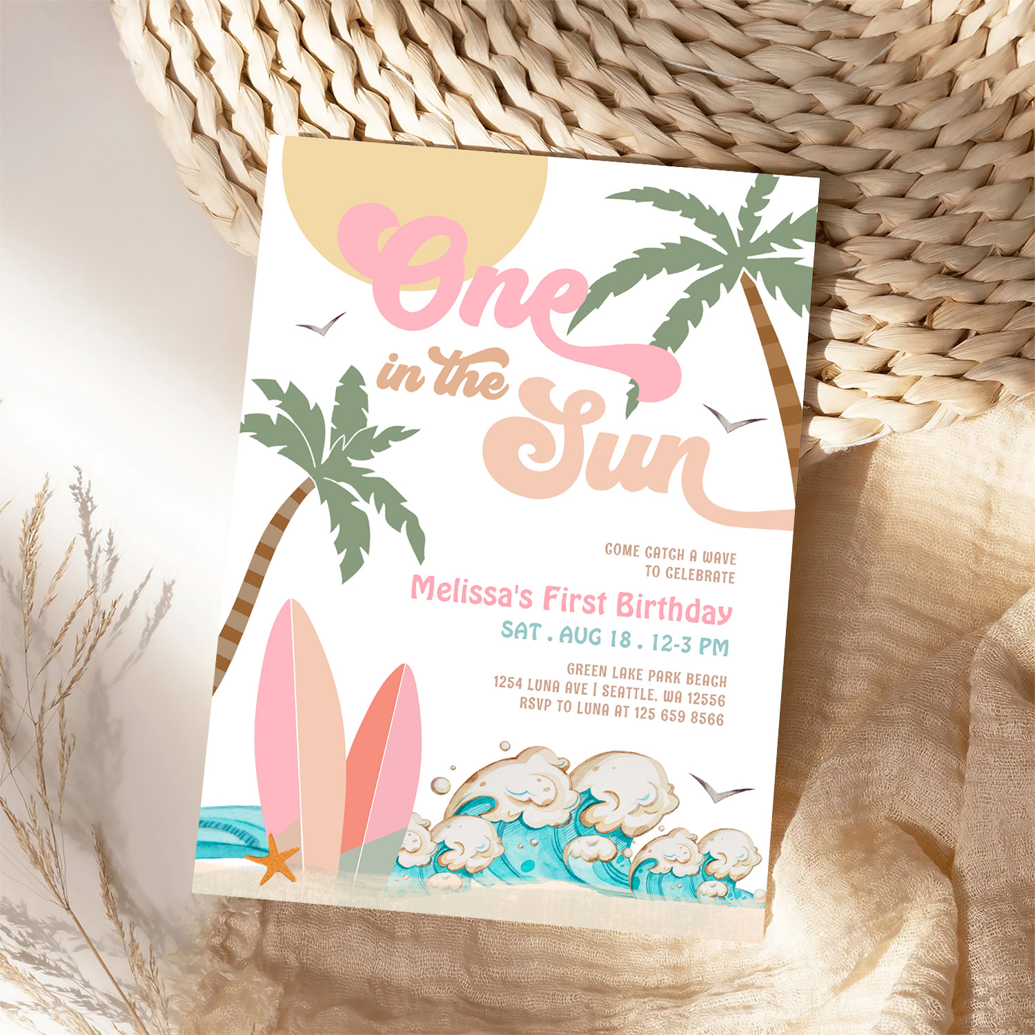 Pink Peach Girl One In The Sun Surf 1st Birthday Invitation - Image 4