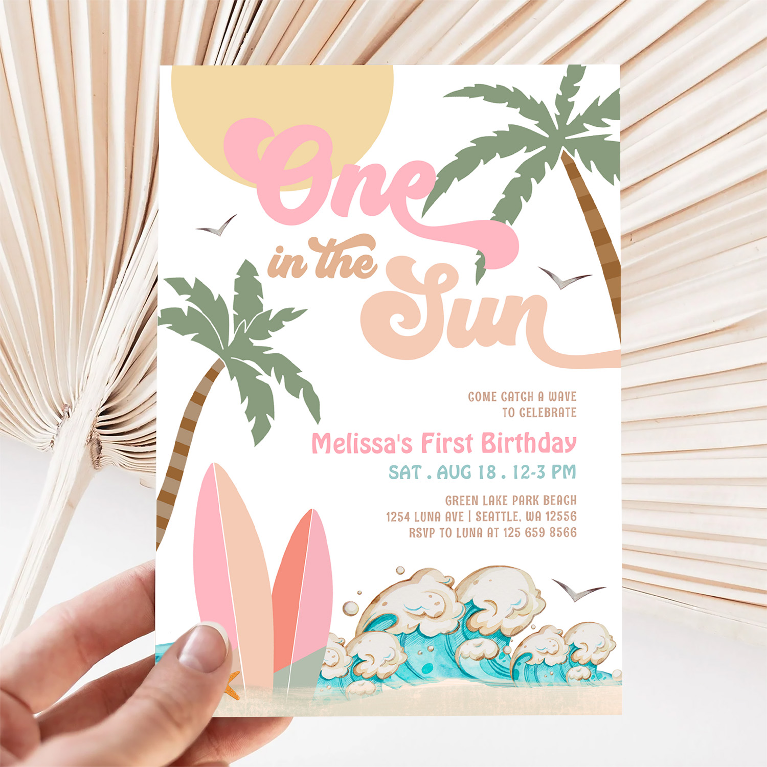 Pink Peach Girl One In The Sun Surf 1st Birthday Invitation - Image 5