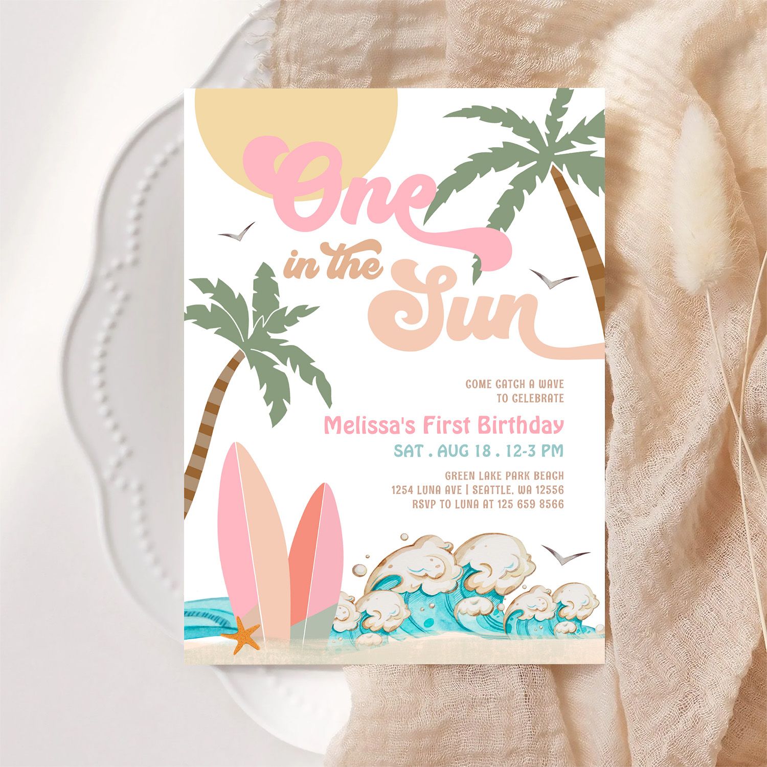 Pink Peach Girl One In The Sun Surf 1st Birthday Invitation - Image 6