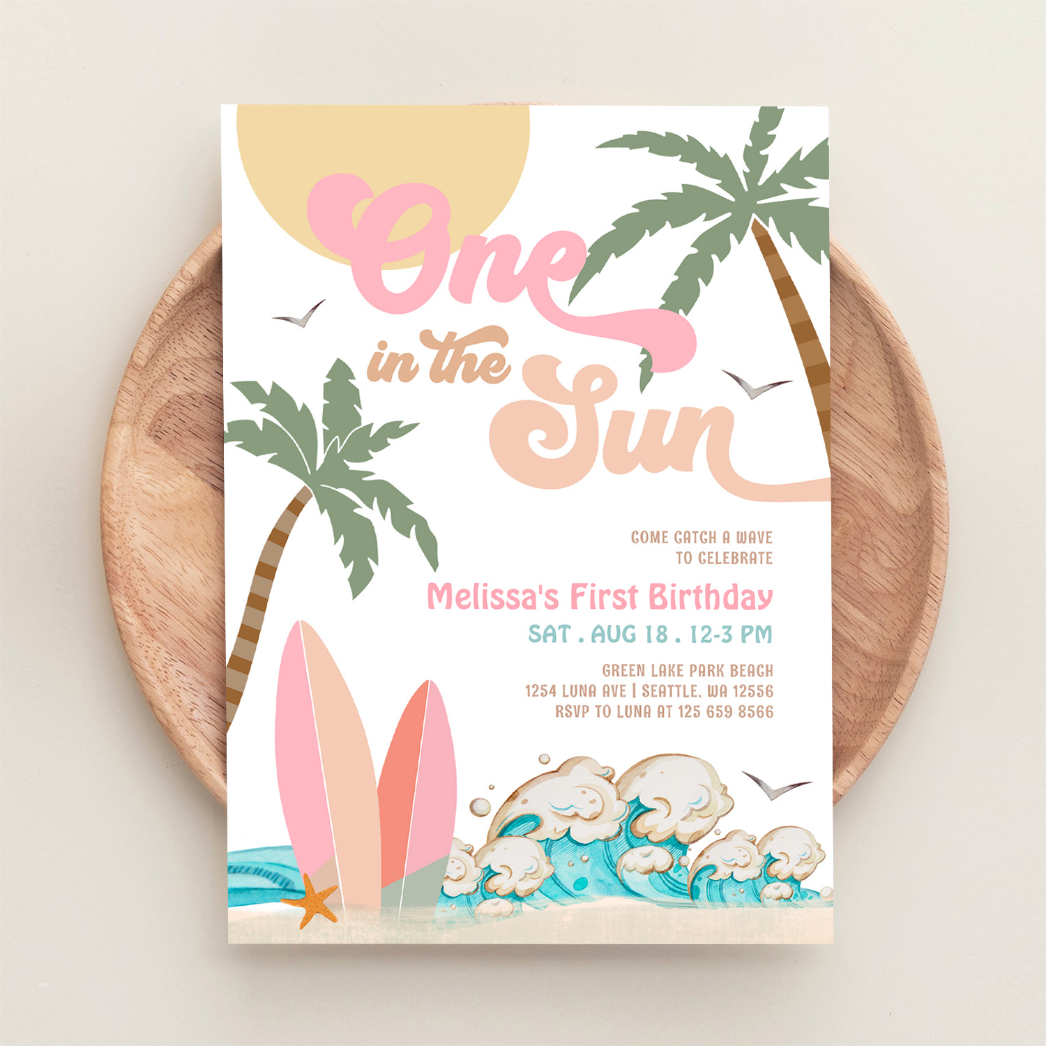 Pink Peach Girl One In The Sun Surf 1st Birthday Invitation - Image 7