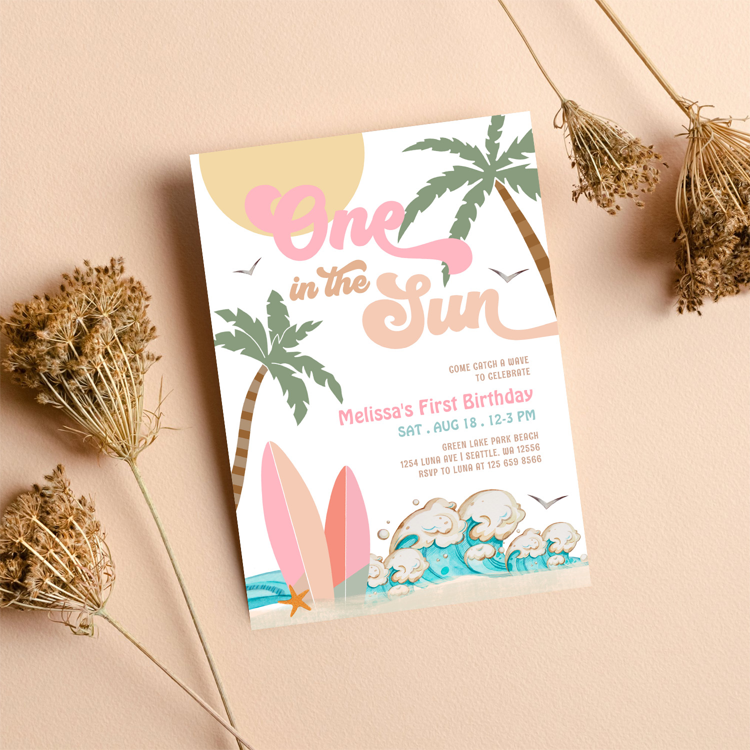 Pink Peach Girl One In The Sun Surf 1st Birthday Invitation - Image 8