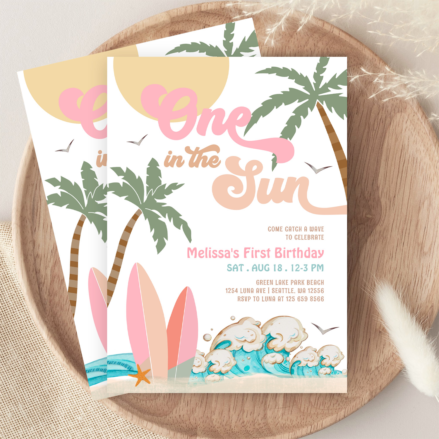 Pink Peach Girl One In The Sun Surf 1st Birthday Invitation - Image 9