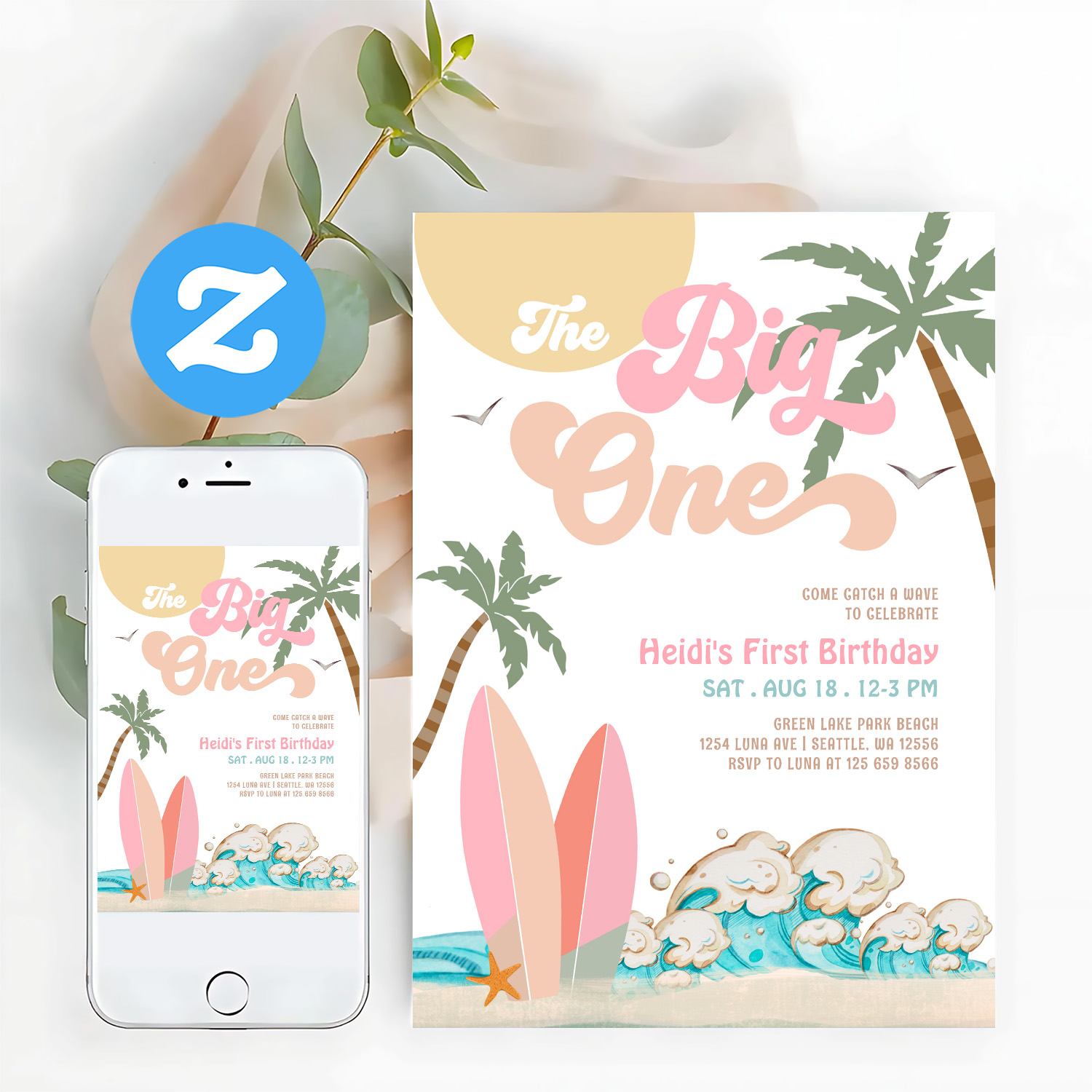 Pink Peach Girl The Big One Surfing 1st Birthday Invitation