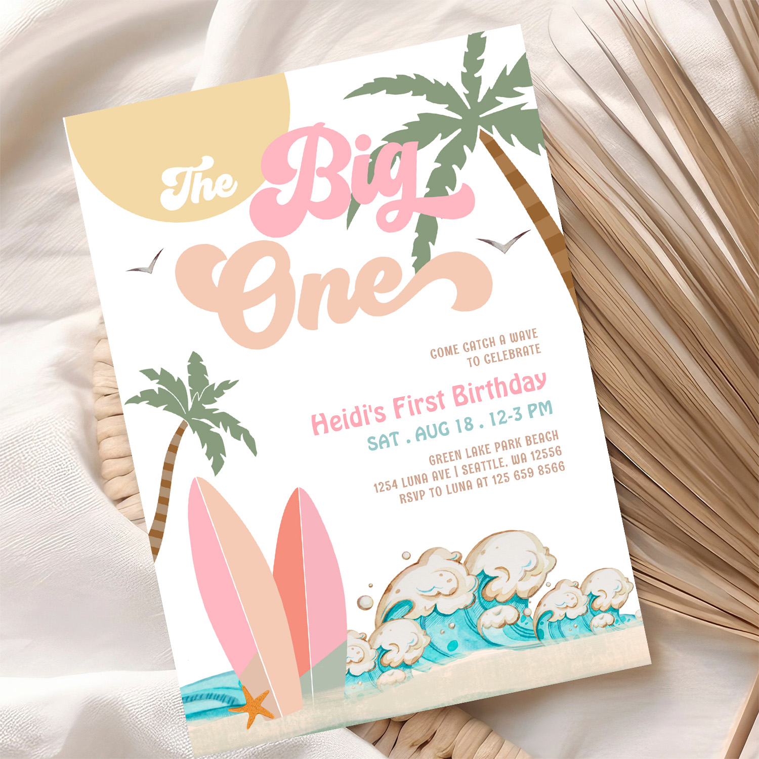 Pink Peach Girl The Big One Surfing 1st Birthday Invitation - Image 10