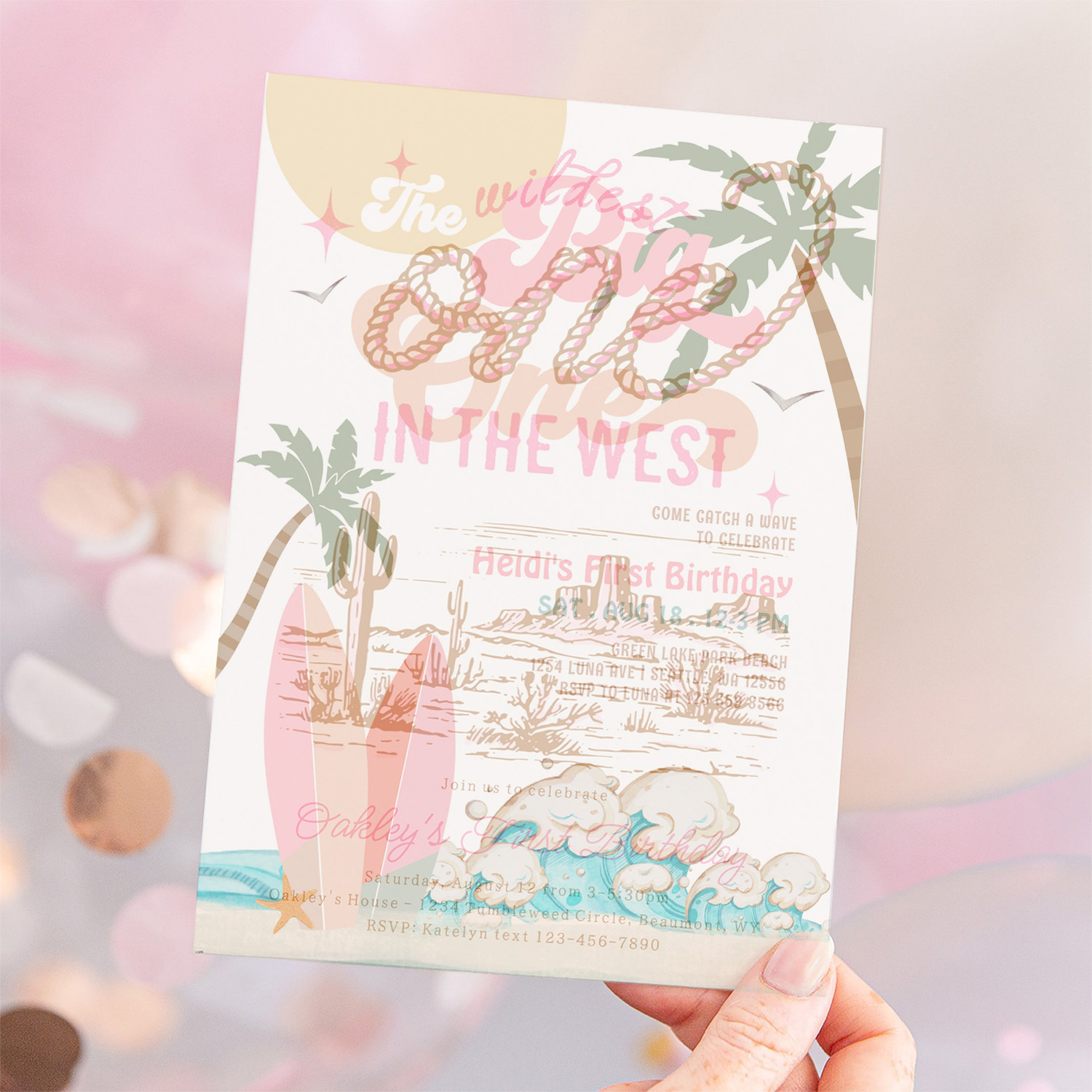 Pink Peach Girl The Big One Surfing 1st Birthday Invitation - Image 12