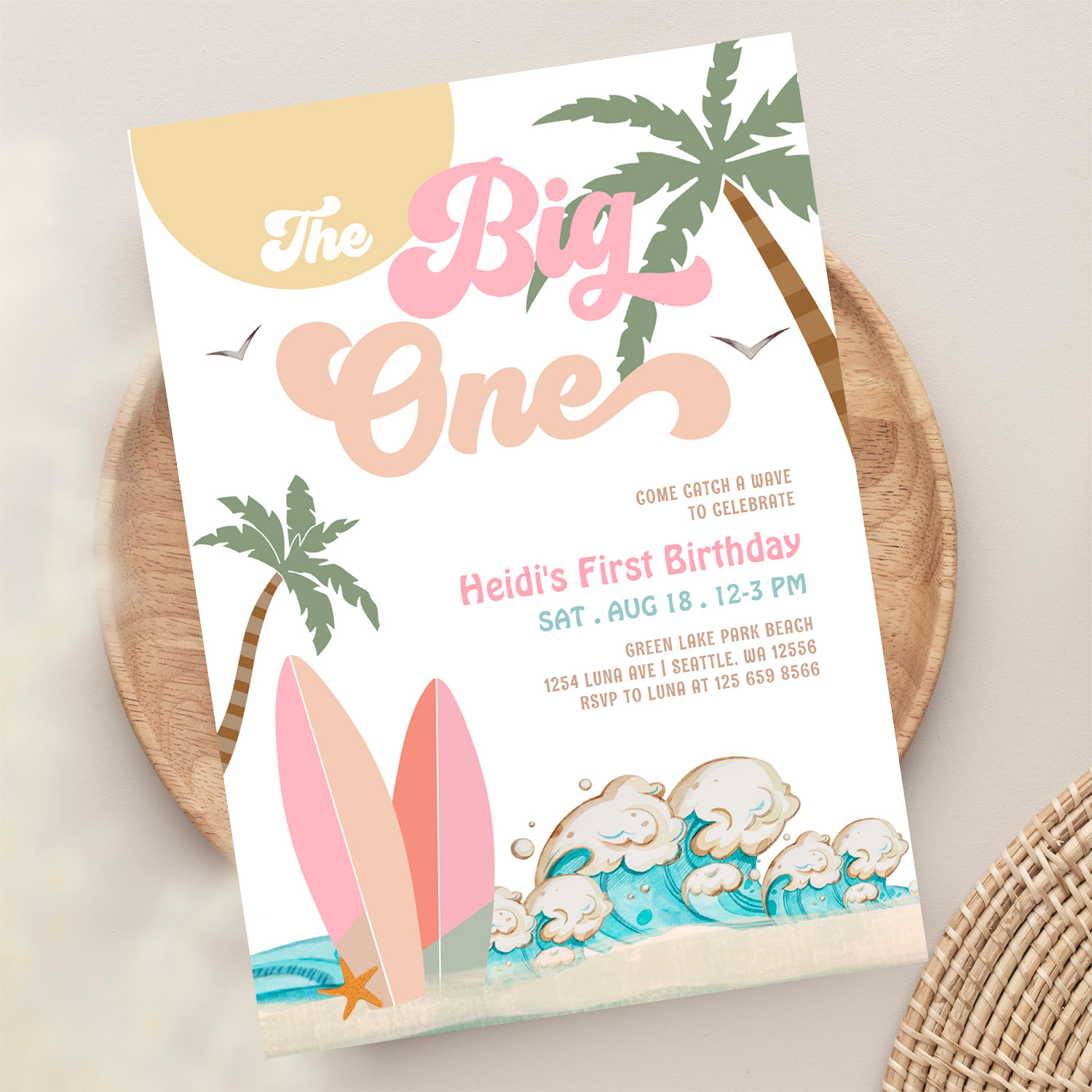 Pink Peach Girl The Big One Surfing 1st Birthday Invitation - Image 13