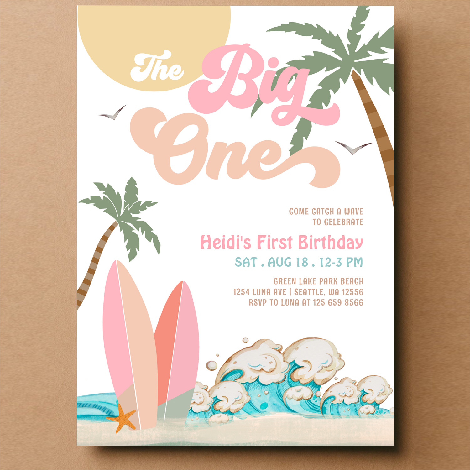 Pink Peach Girl The Big One Surfing 1st Birthday Invitation - Image 14